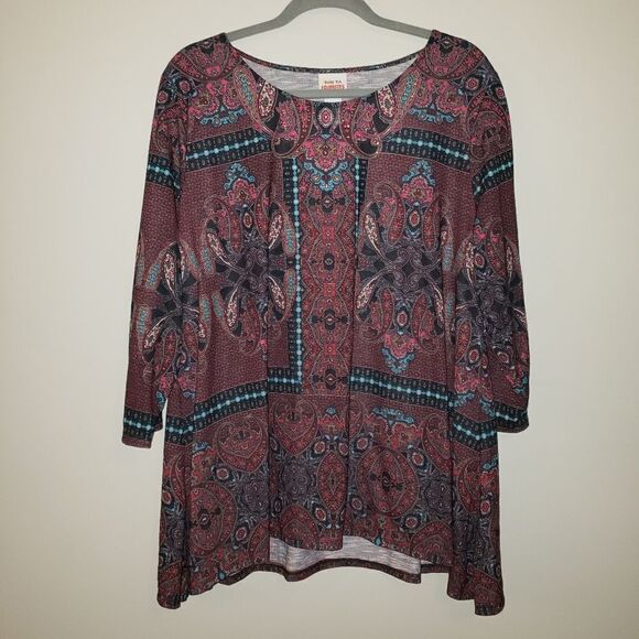 RUBY RD RHINESTONE EMBELLISHED PRINT TUNIC SIZE 1X 3/4 SLEEVE - Picture 1 of 4